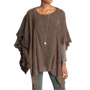 Free People Rosie‎ Lee Poncho Medium Brown Open Knit Ruffle Hem Boho Oversized